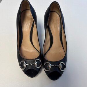 Gucci Black Leather Horsebit Detail Stiletto 3”  Heel PeepToe Womens 36.5